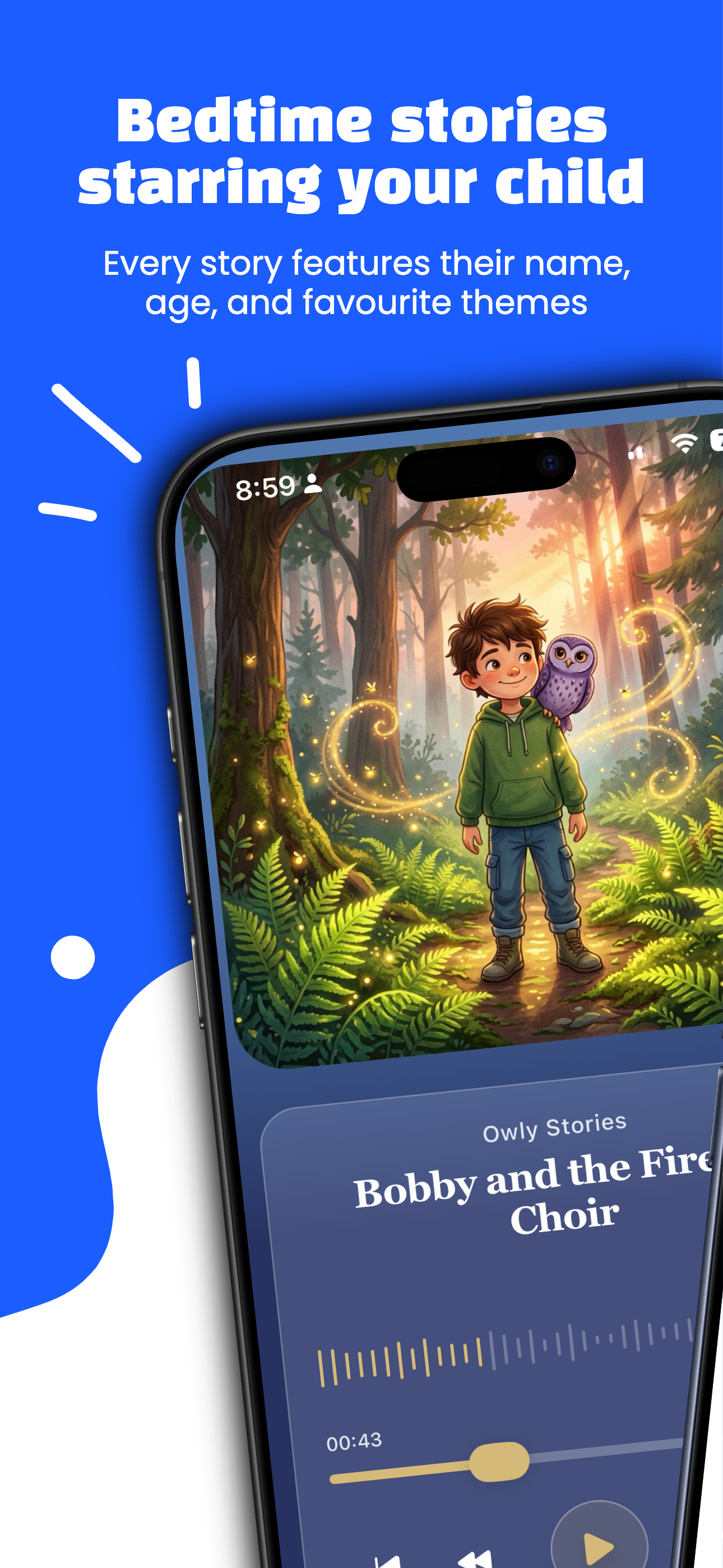 Owly Stories app showing a personalised bedtime story