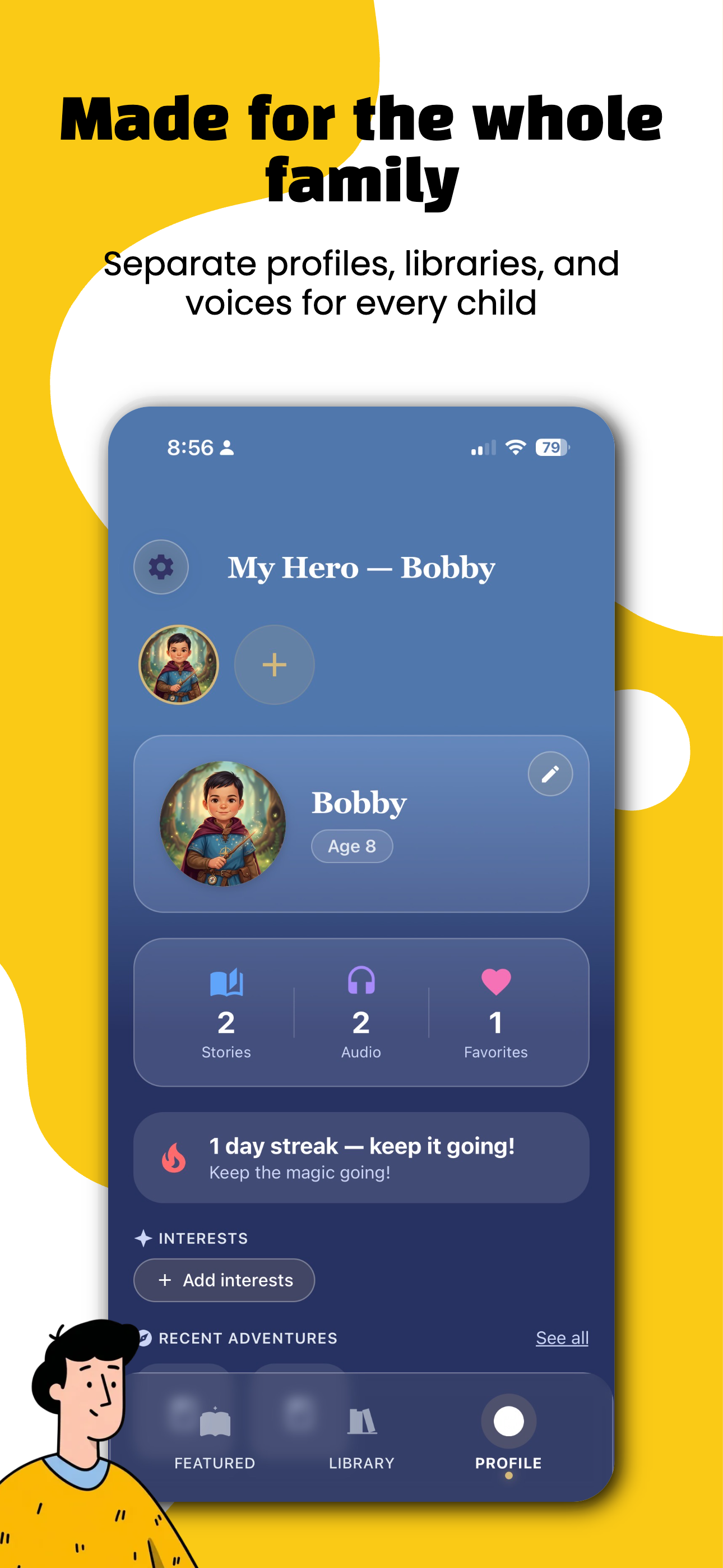 Multi-child profile screen in Owly Stories